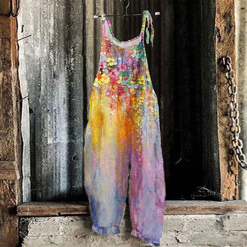 Women'S Vacation Oil Painting Floral Cotton And Linen Loose Casual Jumpsuit wearshes