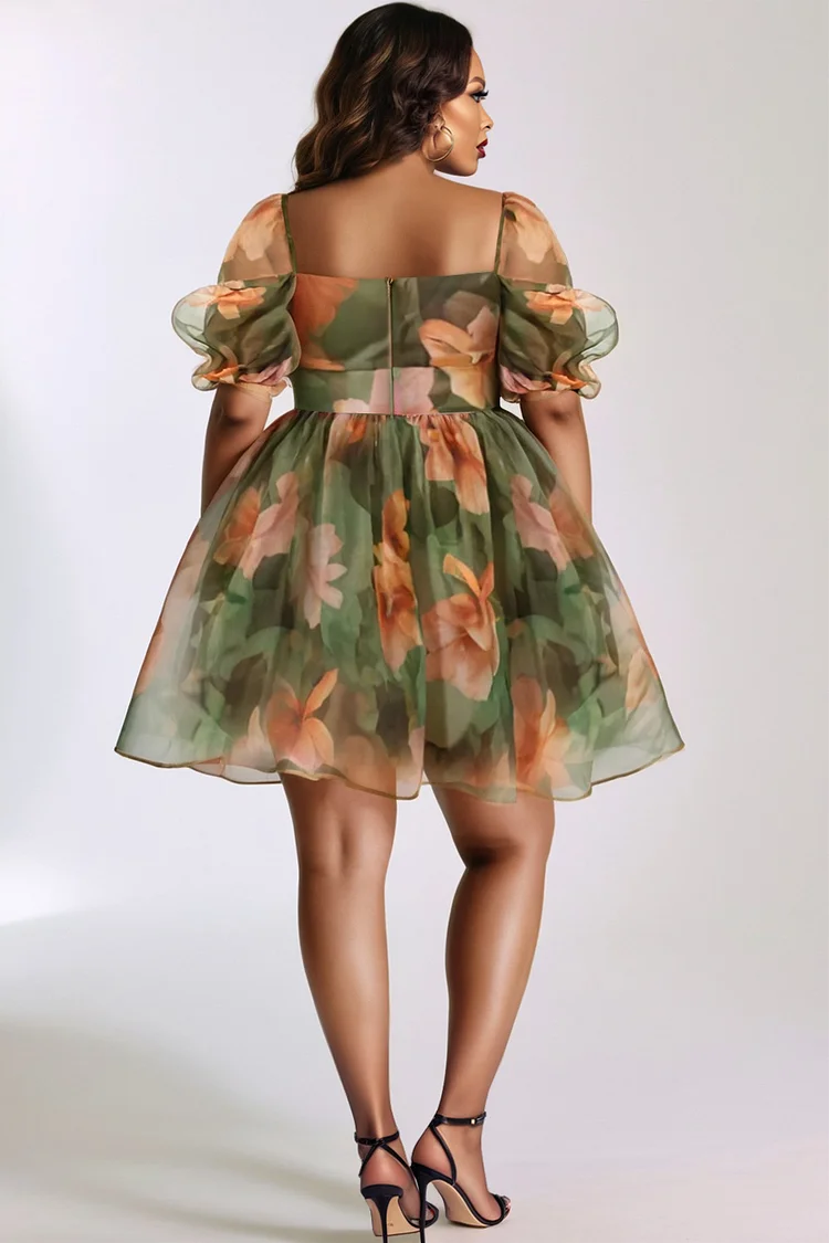 Xpluswear Design Plus Size Vacation Sage Green Milkmaid Floral Square Neck Puff Sleeve Short Sleeve Organza Mini Dresses [Pre-Order]