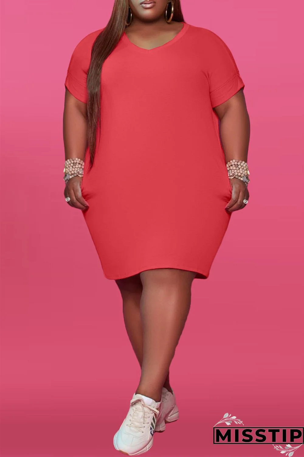 Red Fashion Casual Plus Size Solid Basic V Neck Short Sleeve Dress