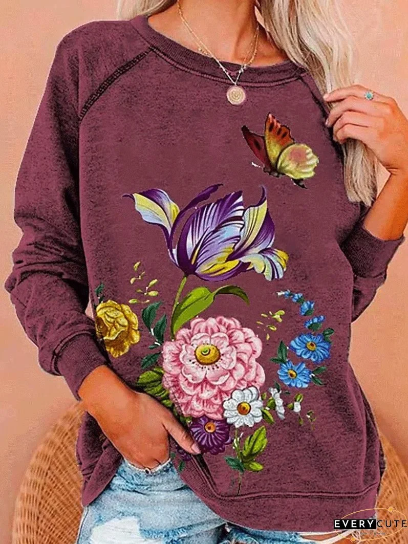 T-Shirts Flower Butterfly Round Neck Long Sleeve T-Shirt for Women