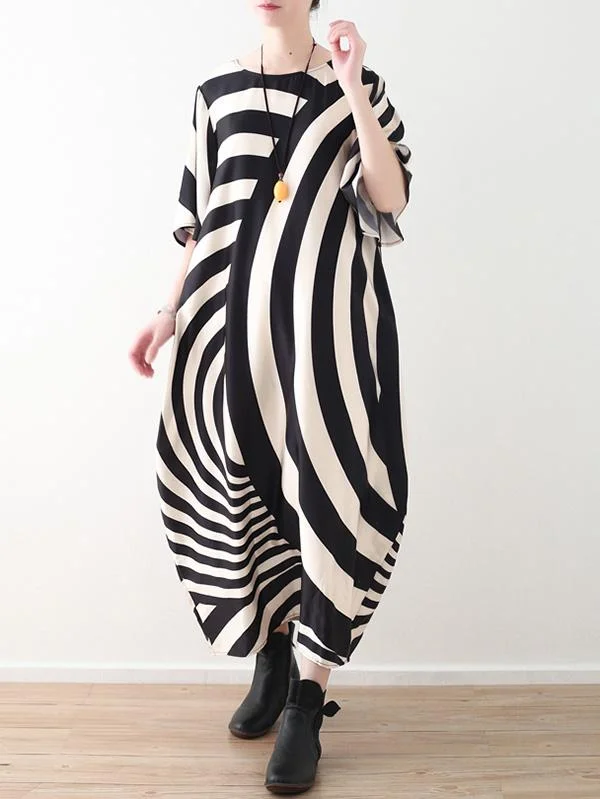 Asymmetric Striped Chiffon Half Sleeves Long Dress
