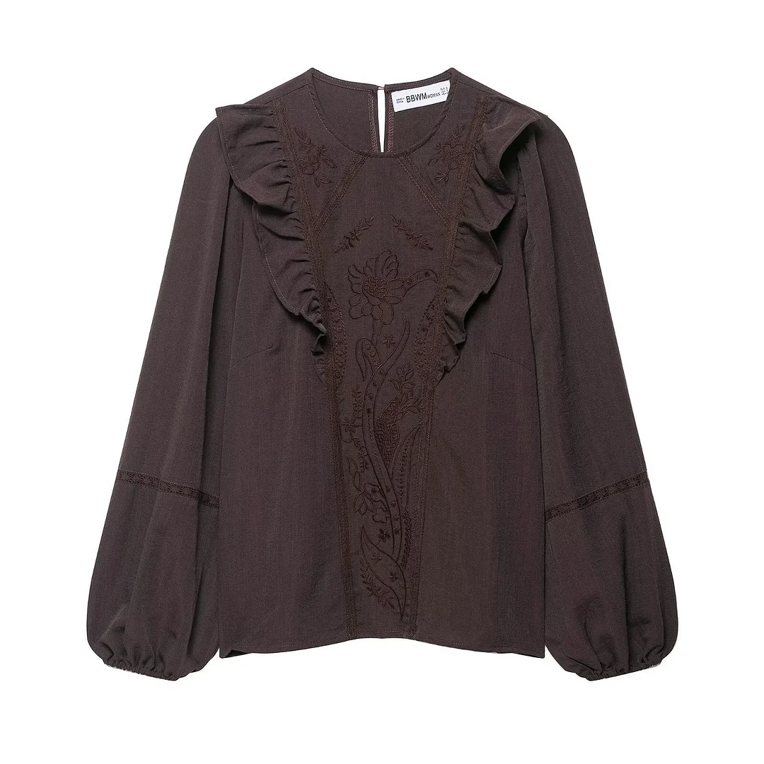 Nigikala Nigikala New Fashion Temperament Women's Pure Color Flower Embroidery Shirt 7200226