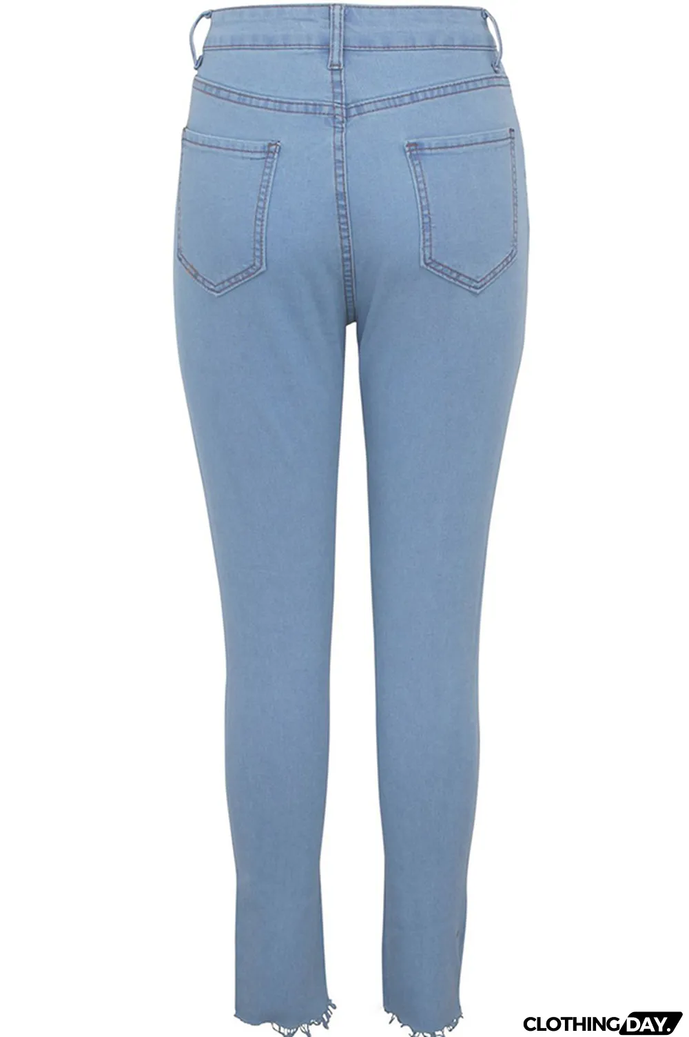 Blue Denim Button Fly Zipper Fly High Zippered Pocket washing Hole pencil Pants Pants