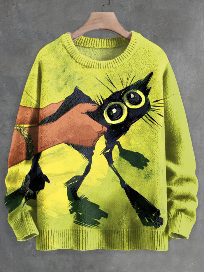 Men's Fun Pick Up Black Cat Art Print Knit Sweatshirt