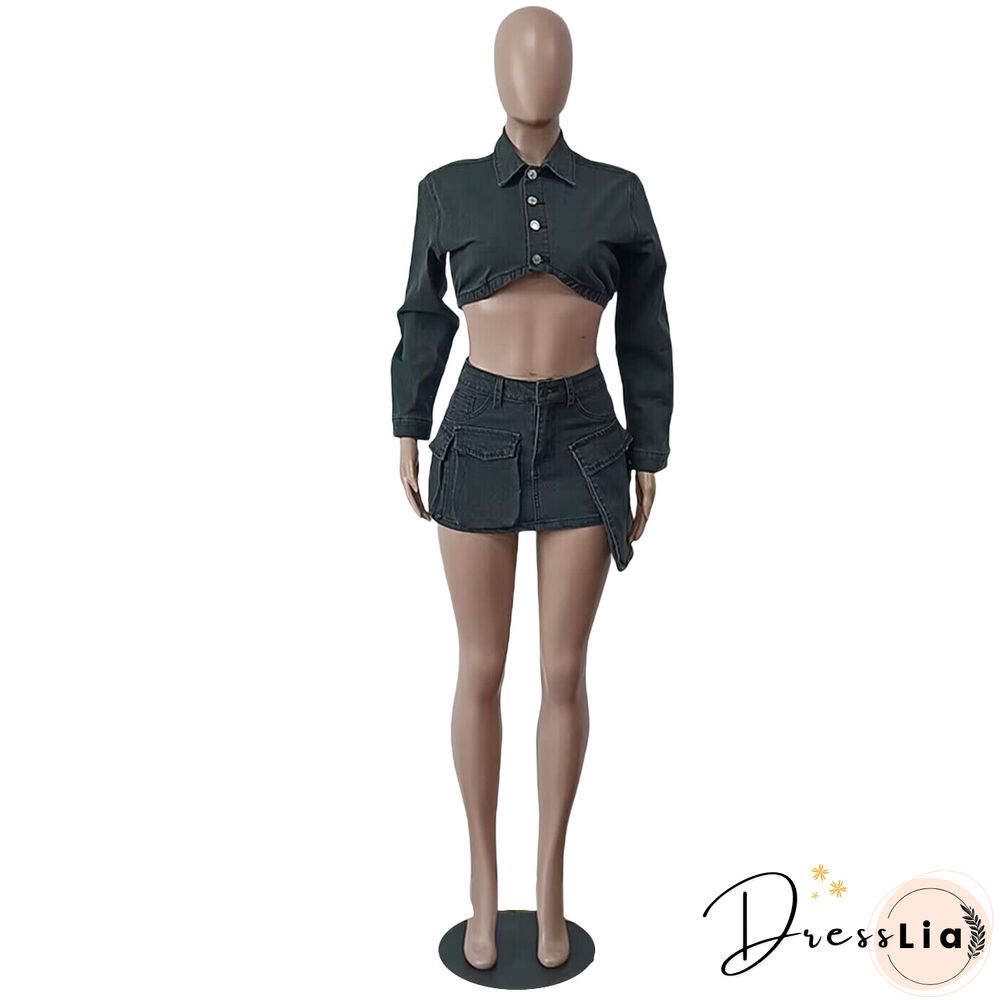 Denim Long Sleeve Jacket Mini Cargo Skirt Sets