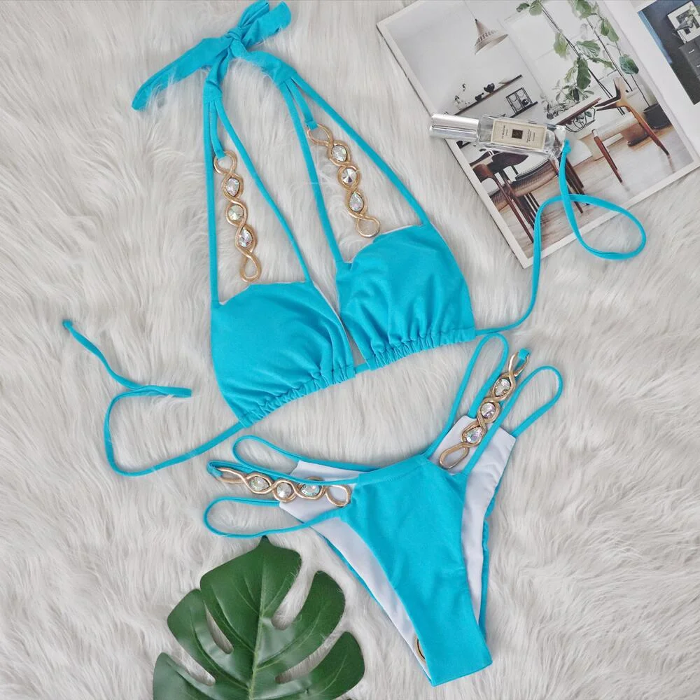 Brownm Brownm New Sexy Removable Chest Cushion Bikini Crystal Diamond Swimsuit Bandage Hollow Out High Waist Split Swimsuit
