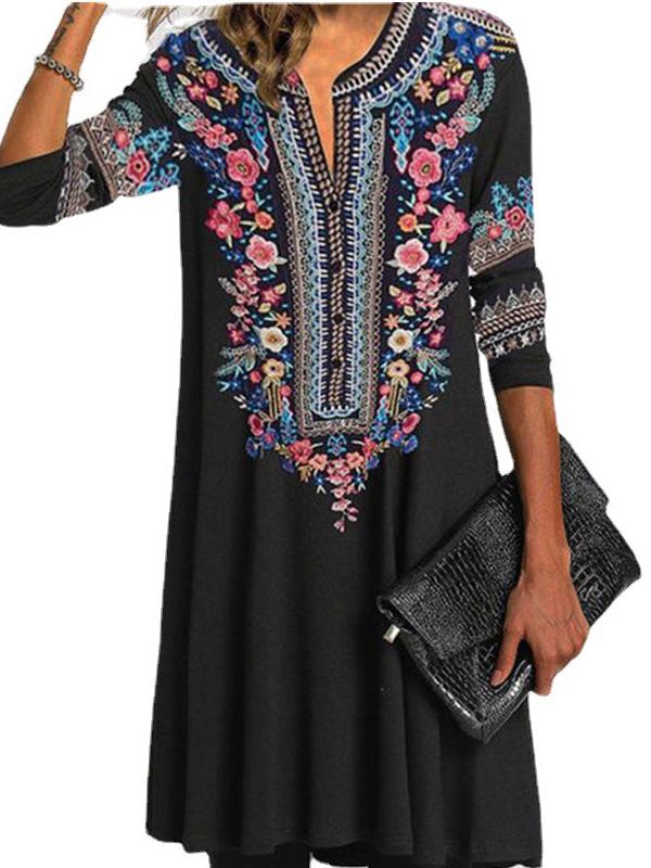 Women 3/4 Sleeve V-neck Printed Midi Dress