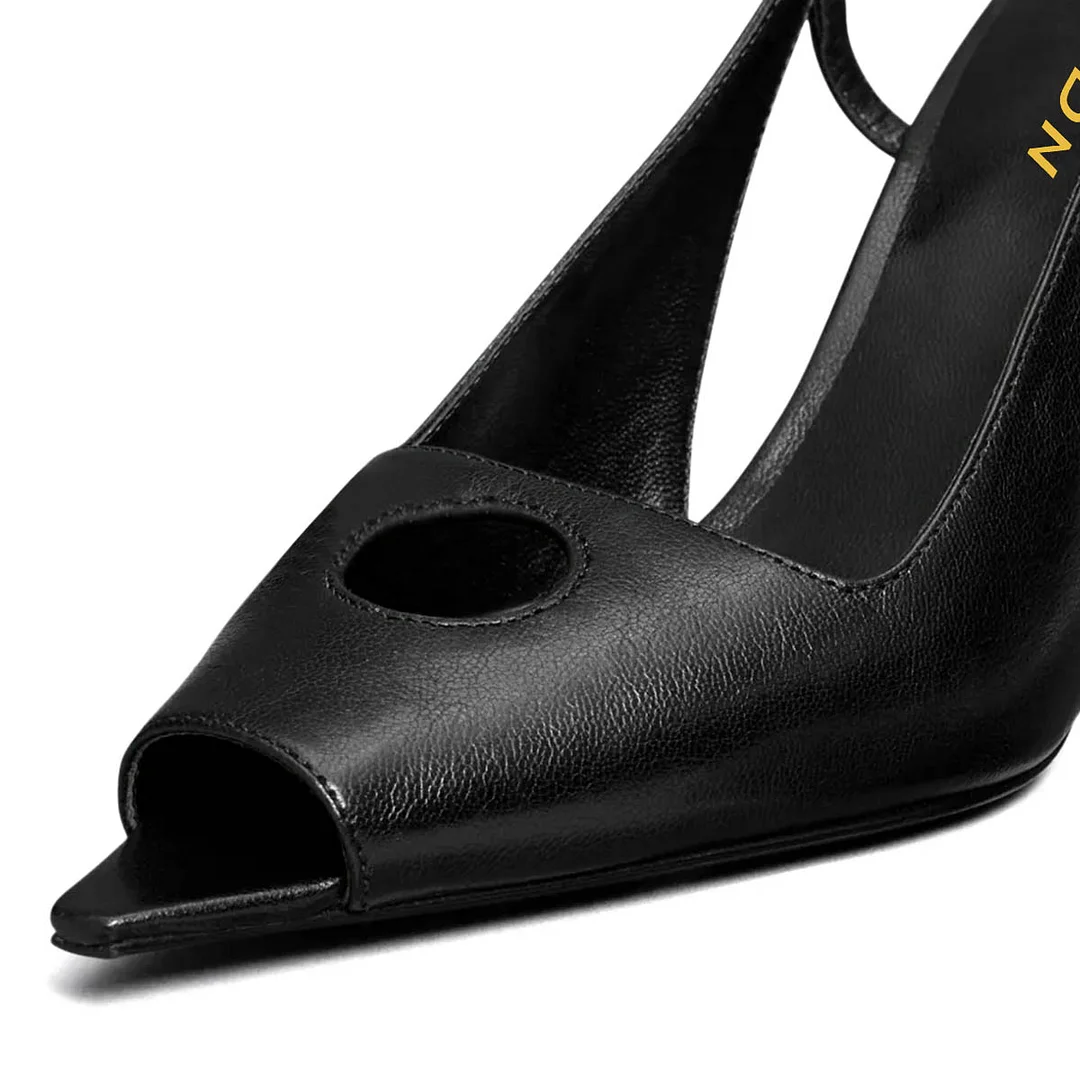 YDN Simple Vegan Leather Peep Toe Slingback Black Heels Sandals