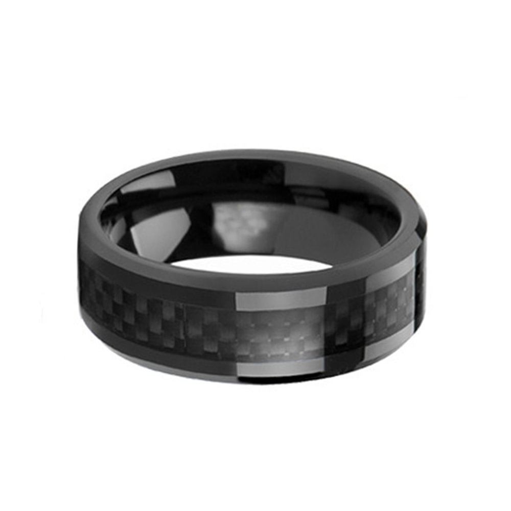 8MM Tungsten Carbide Men Ring Black Carbon Fiber Inlay Polished With Beveled Edge
