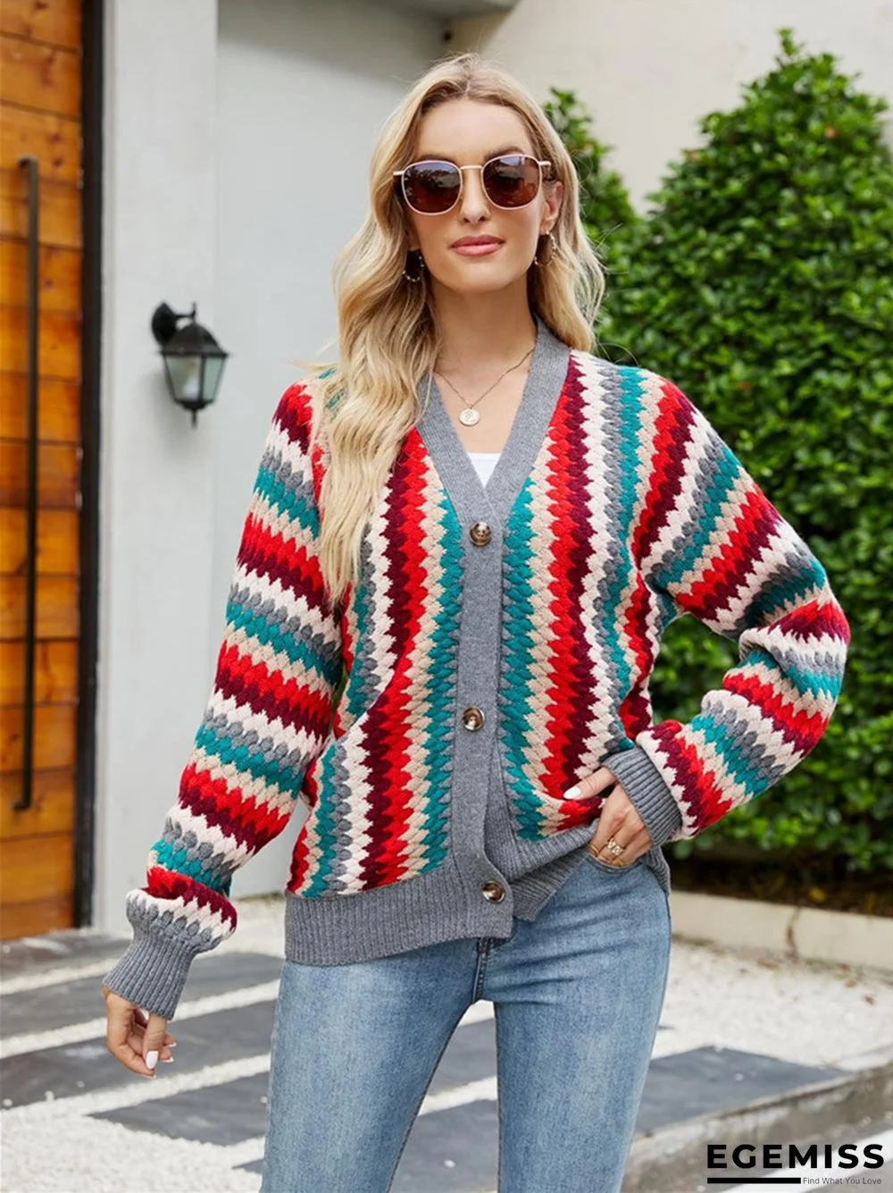 Loose Knit Single Breasted Cardigan Striped Sweater for Women | EGEMISS