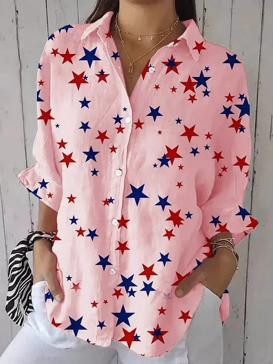 Women 3/4 Sleeve Shirt Collar Star Printed Graphic Button Tops