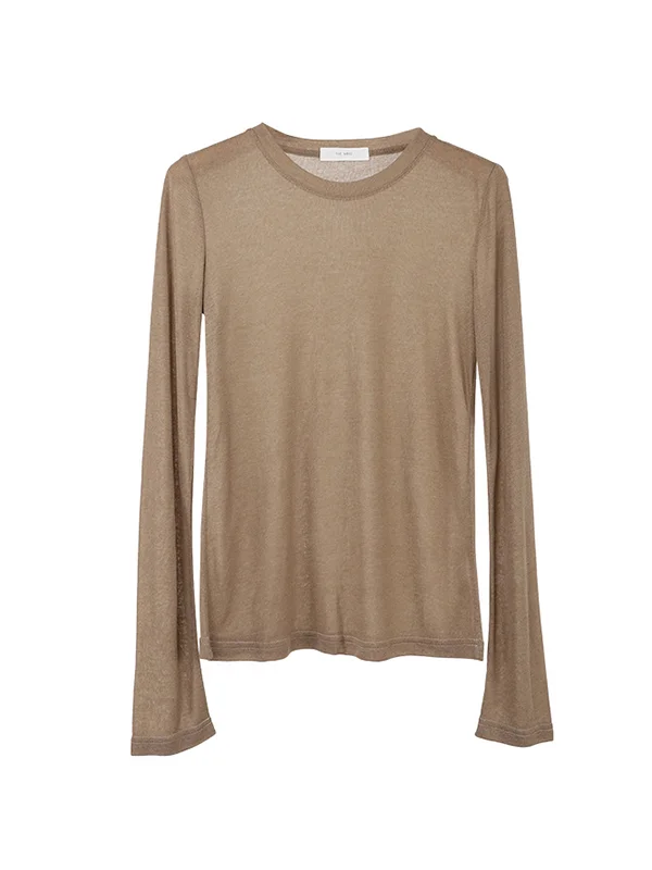 Long Sleeves Skinny See-Through Solid Color Round-Neck T-Shirts