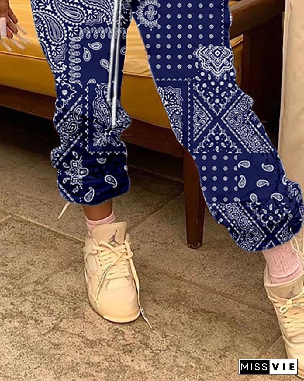 Paisley Print Drawstring Ruched Pants P13843