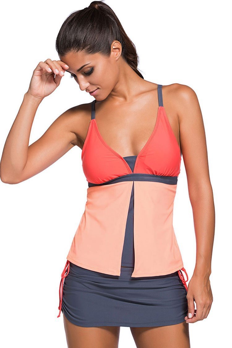 Color Block Split Panty Skirt Plunged Tankini Swimsuit-elleschic