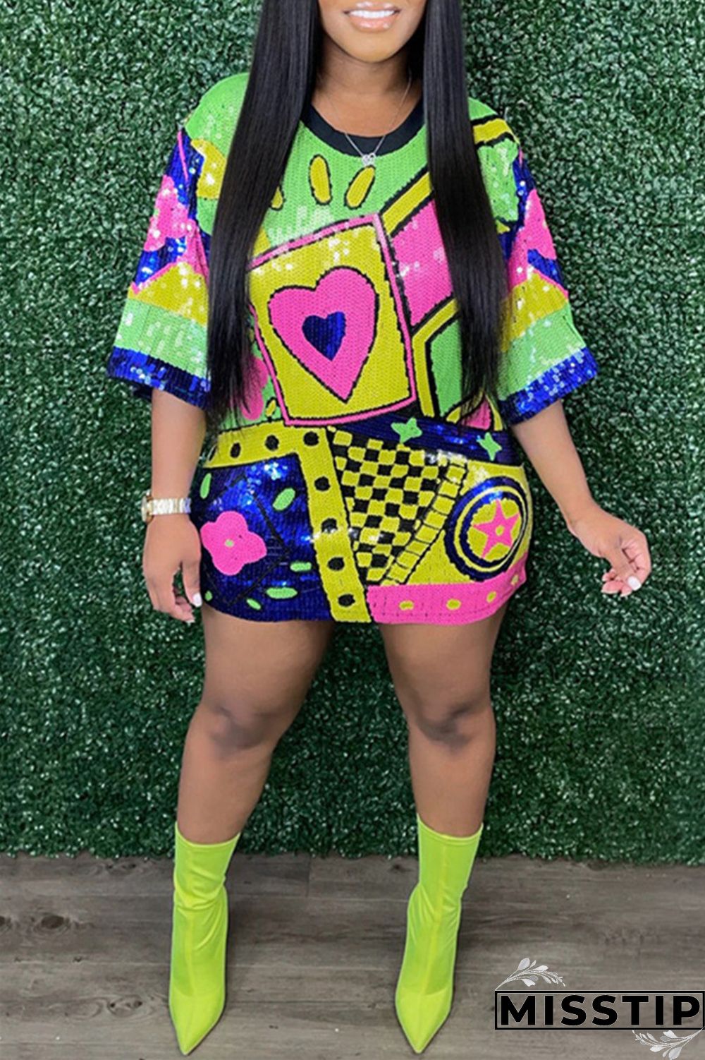 Rose Red Fashion Casual Patchwork Sequins O Neck A Line Dresses