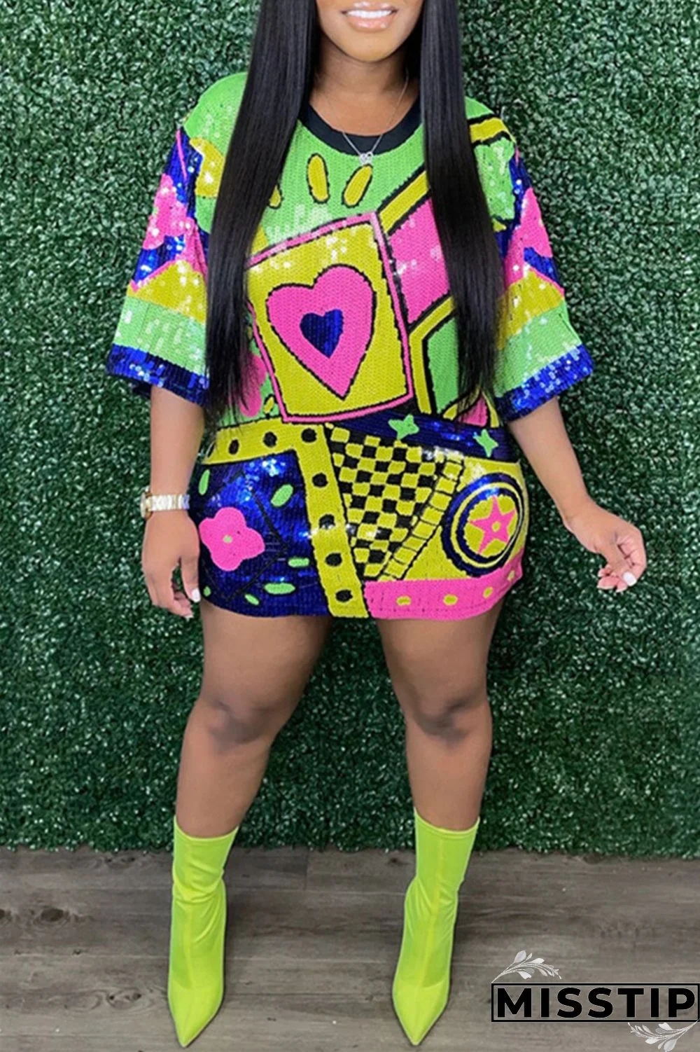 Rose Red Fashion Casual Patchwork Sequins O Neck A Line Dresses