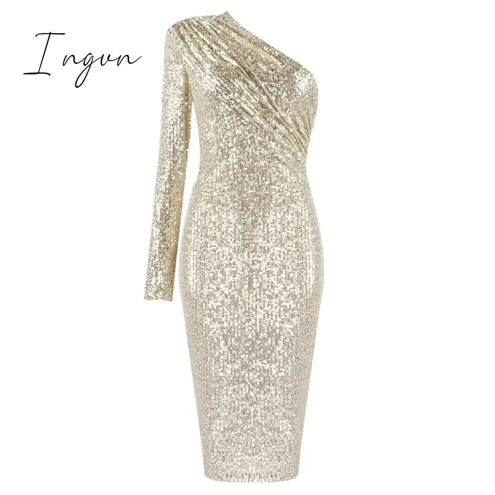 Ingvn - Sexy One Shoulder Dress Sparkle Glitzy Sequins Mesh Patchwork Celebrity Christmas Party