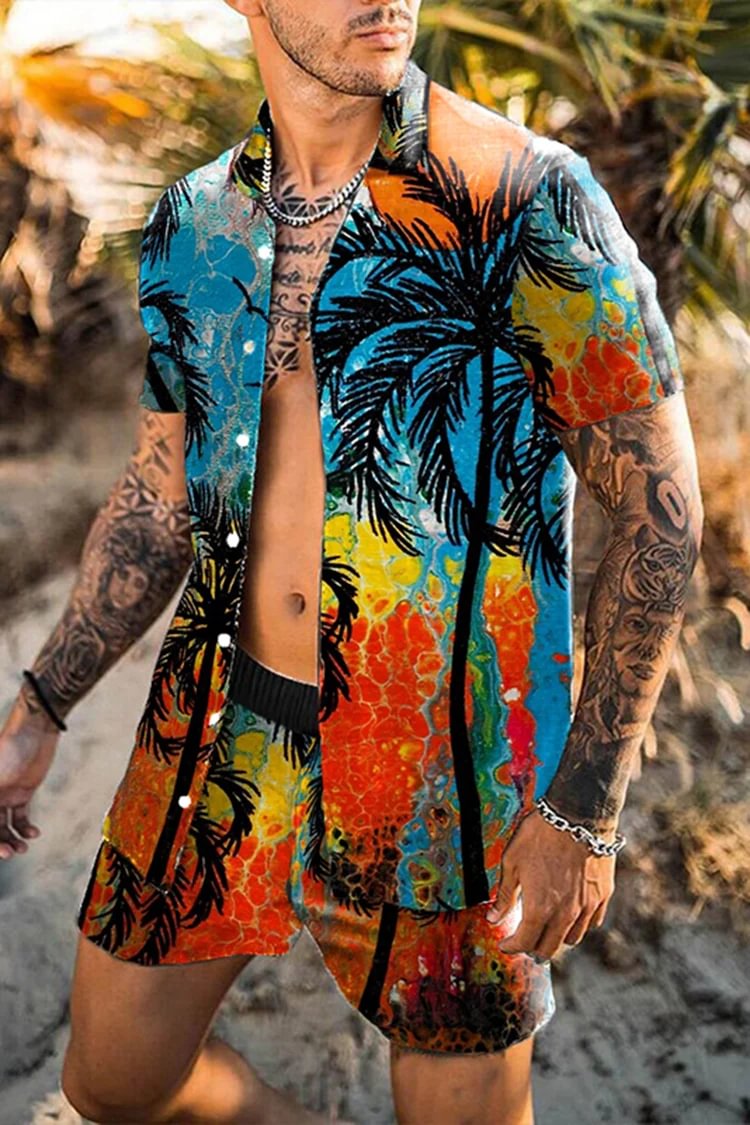 BrosWear Hawaiian Palm Short Sleeve Shirt Set