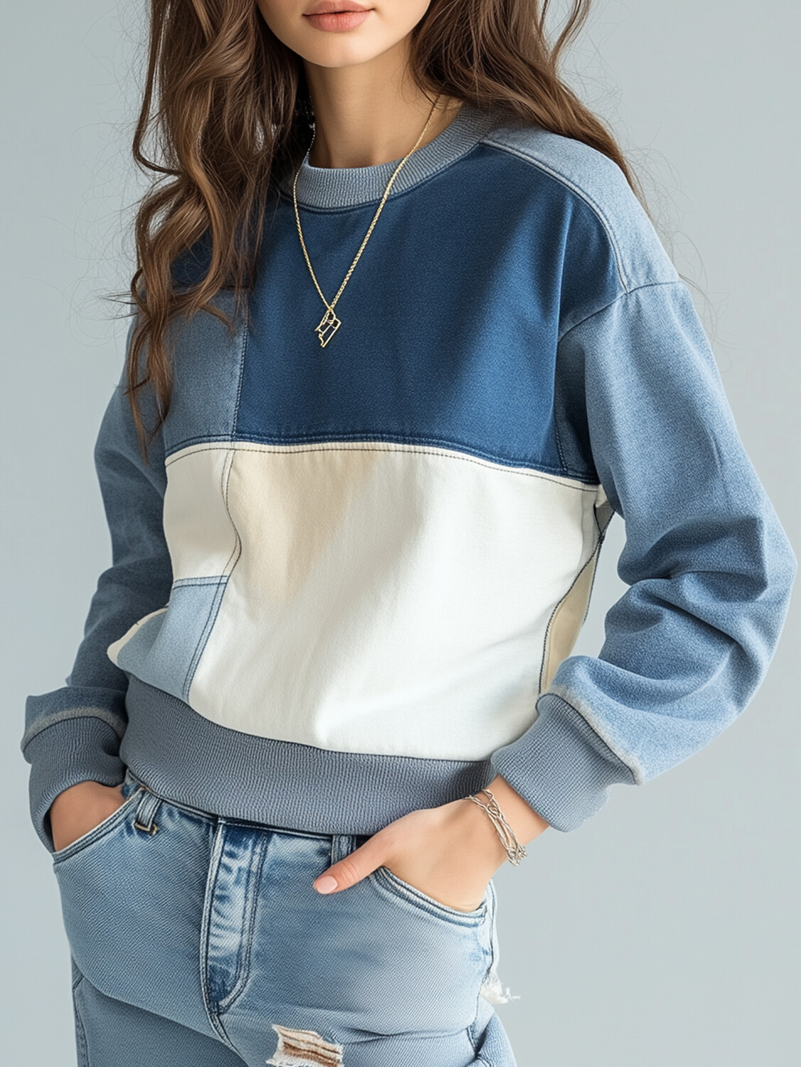 Ursime Crew Neck Long Sleeve Colorblock Denim Sweatshirt