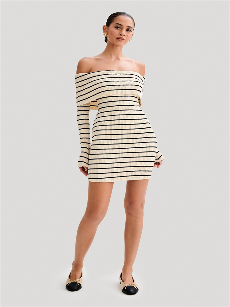 Ootddress Striped Knit Sweater Mini Dress For Women Bandeau Backless Elegant Fashion Summer Contrast Party Dress Knitwear Mini Dress