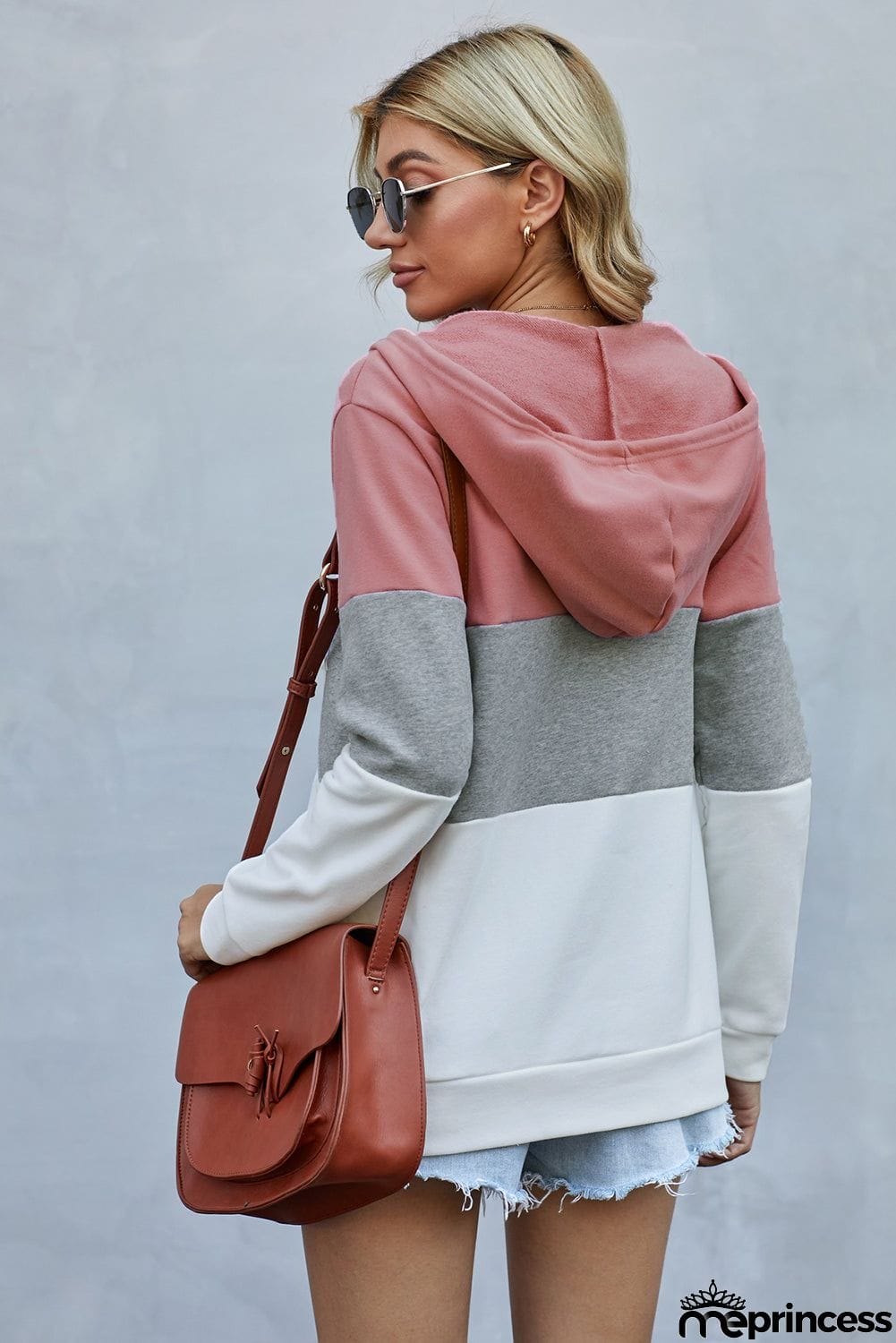 Zip Front Color Block Splicing Drawstring Hoodie