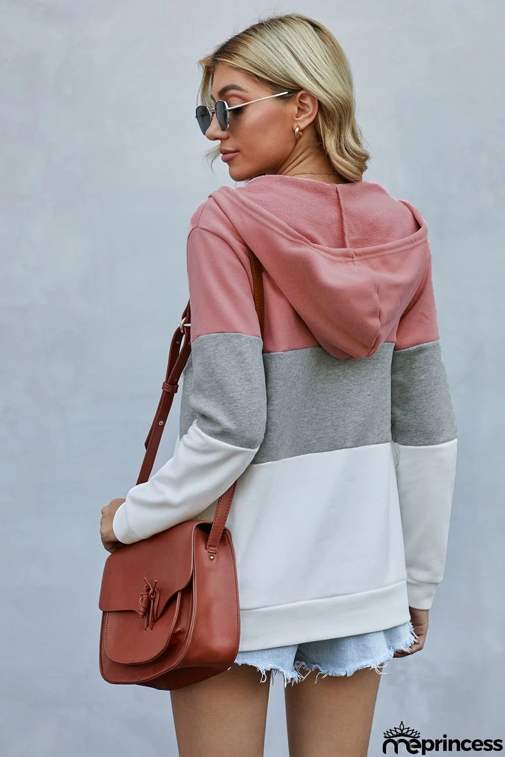 Zip Front Color Block Splicing Drawstring Hoodie