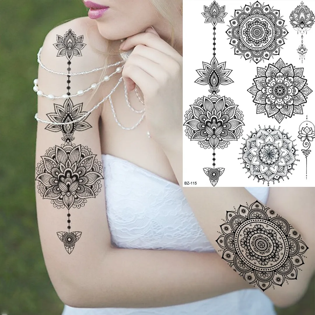 Sdrawing Lace Fingers Henna Mandala Temporary Tattoos For Women Adult Butterfly Pendant Fake Tattoo Sticker Body Art Tatoo