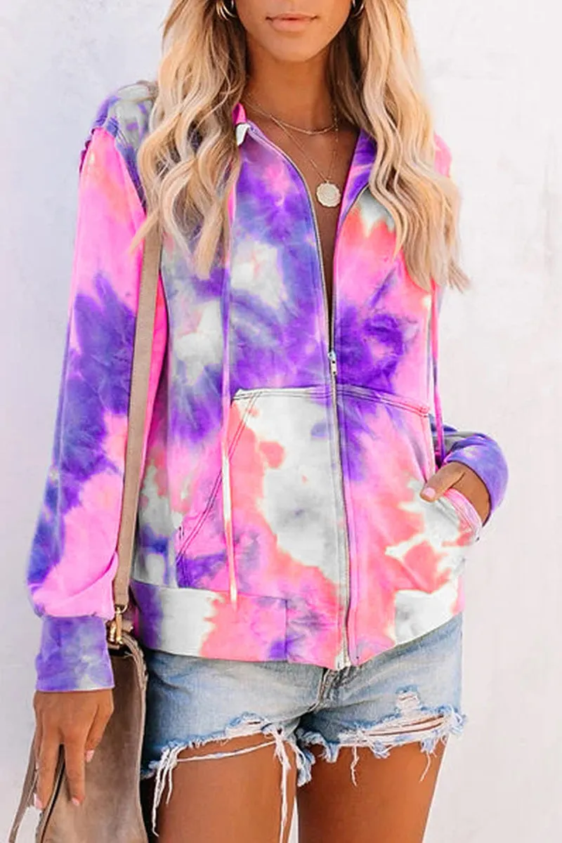 Hooded Collar Tie Dye Zipper Pocket Hoodies