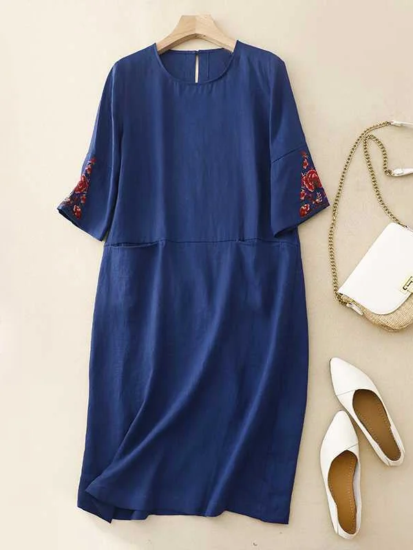Women's New Linen Embroidered Midi Dress socialshop