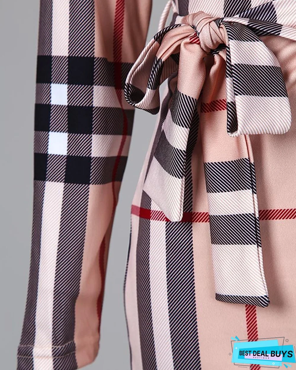 Grid Long Sleeve Zipper Front Bodycon Dress