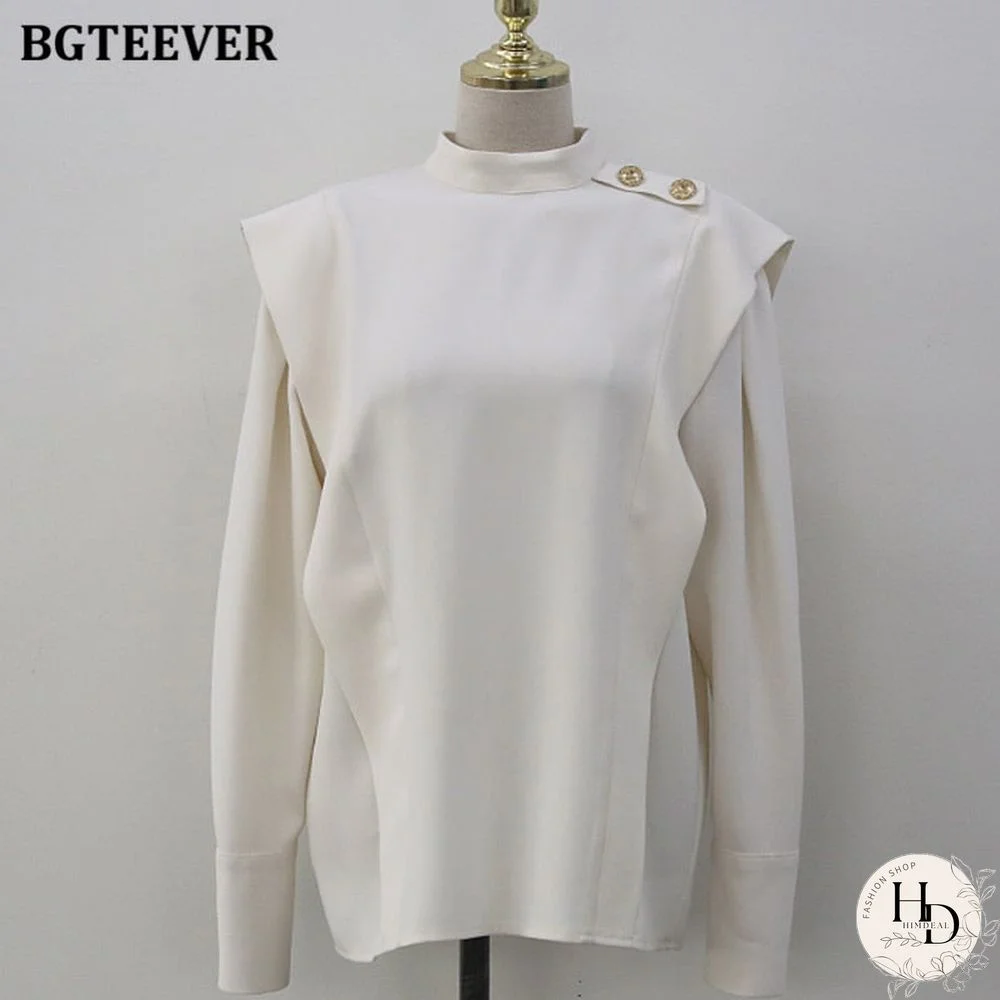 BGTEEVER Chic Elegant Office Ladies White Shirts Stand Collar Buttons Women Long Sleeve Blouses Tops Autumn Loose Blusas