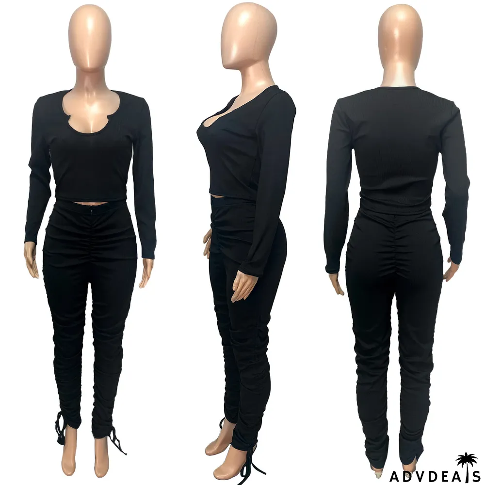 Solid Long Sleeve Stacked Pants 2 Piece Sets