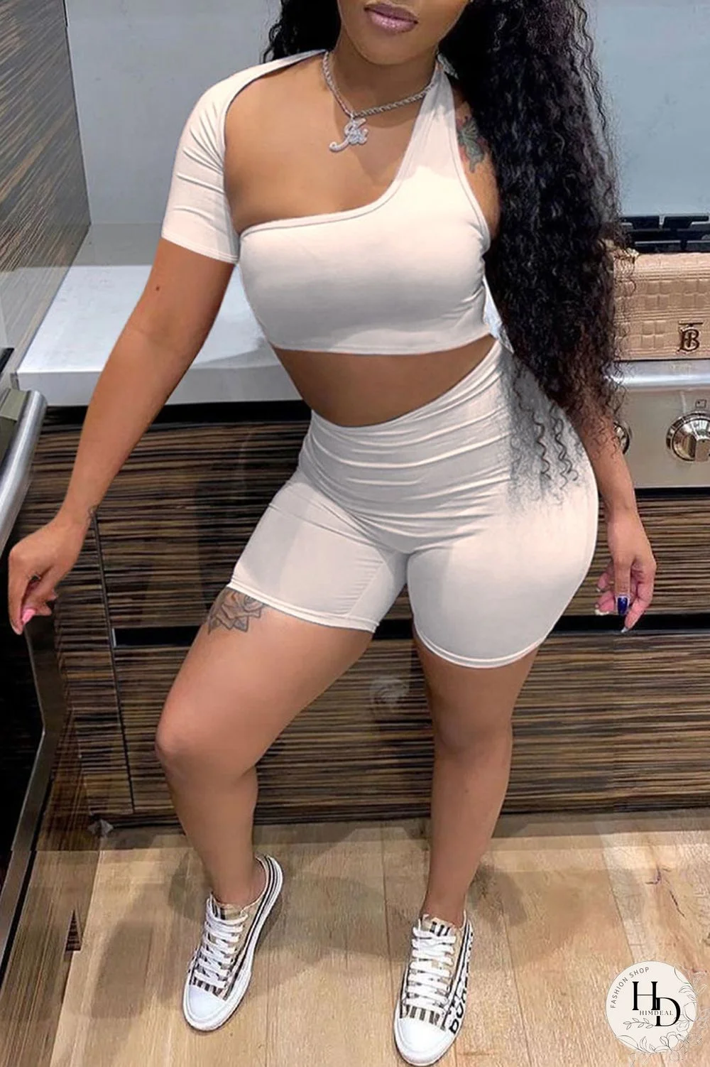 Blue Sexy Solid Hollowed Out Asymmetrical Collar Short Sleeve Two Pieces