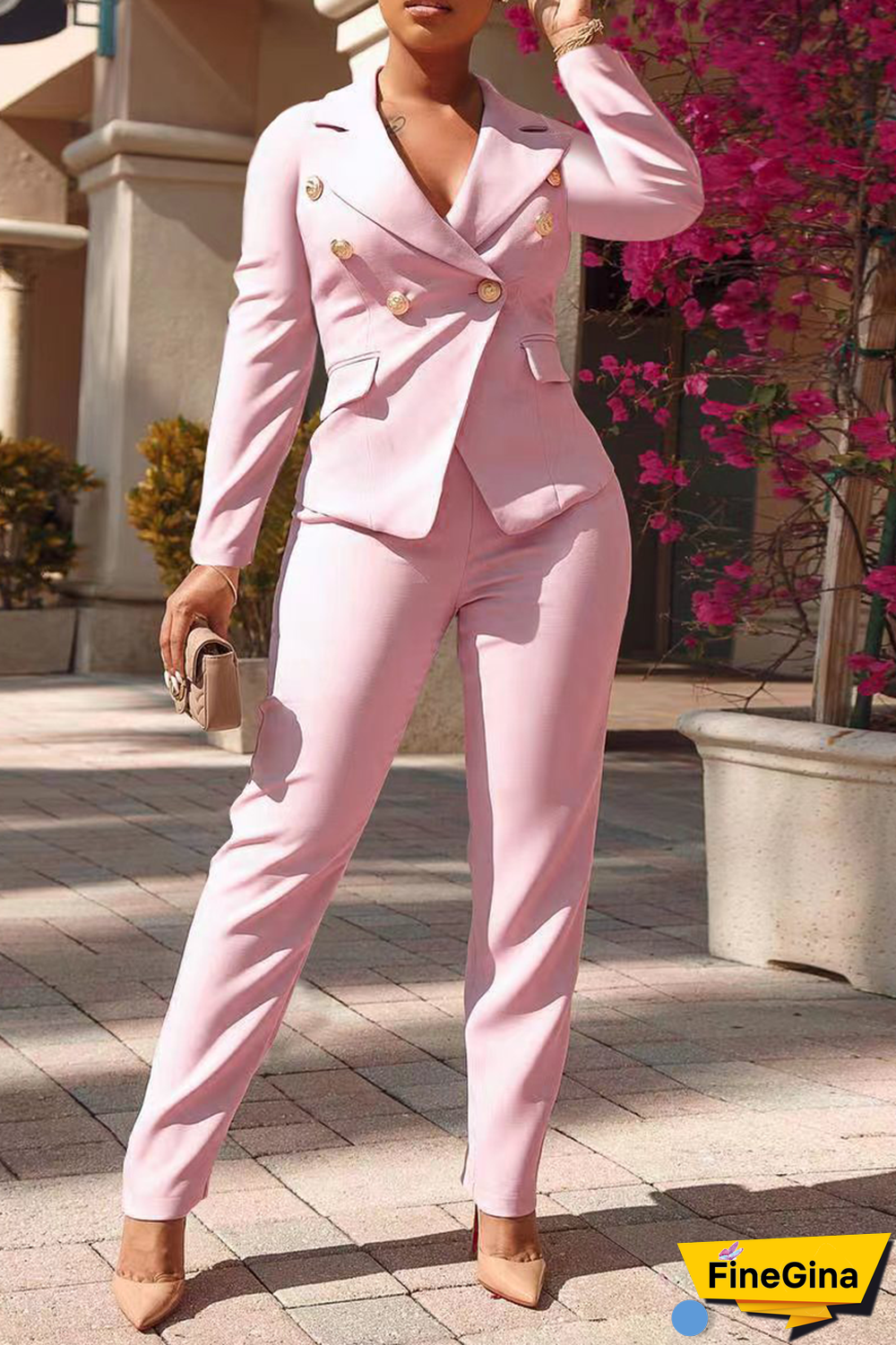 Pink Fashion Solid Buckle Turndown Collar Long Sleeve Two Pieces