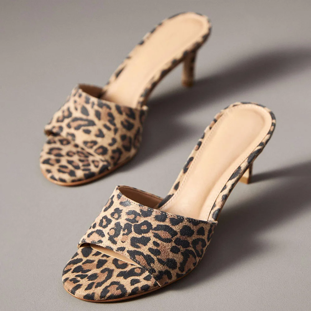 Vegan Suede Leopard Print Kitten Heel Slide Shoes for Women
