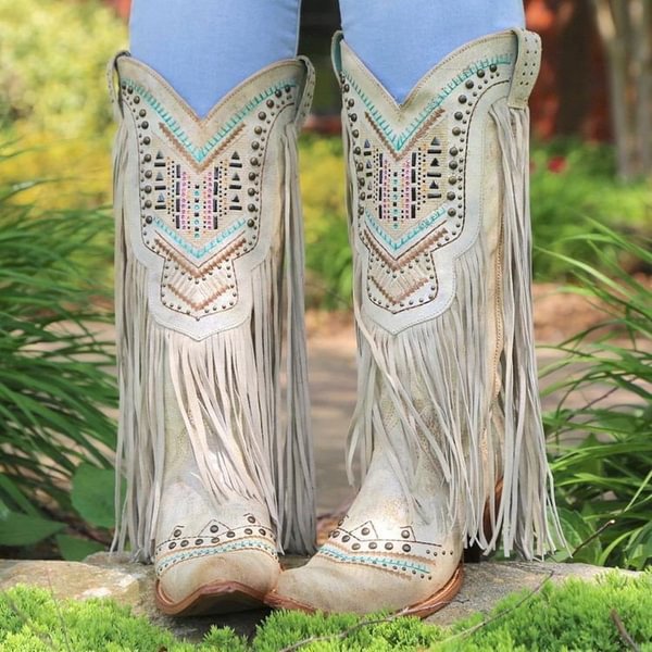 Winter Women's Tassel Thick Heel Boots Retro Leather Boots Western Cowboy Boots Long Boots Knee High Boots Pointed Toe Boots Knight Boots - Shop Trendy Women's Fashion | TeeYours
