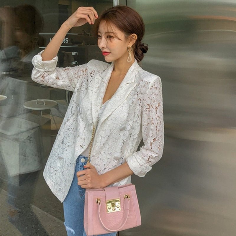 2020 Summer New Korean Lace Blazer Women's Commuting Double-breasted Sexy Lace Coat Notched collar Casual OL Outwear