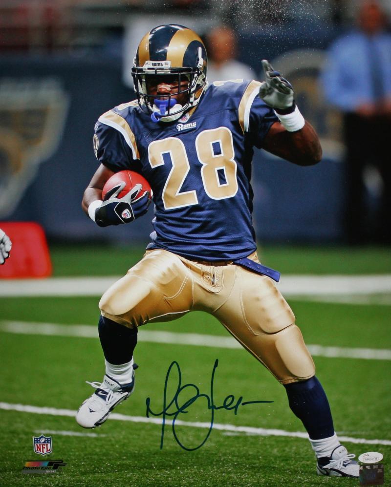 Marshall Faulk Autographed St Louis Rams 16x20 On Field PF Photo Poster painting- JSA Witness Au