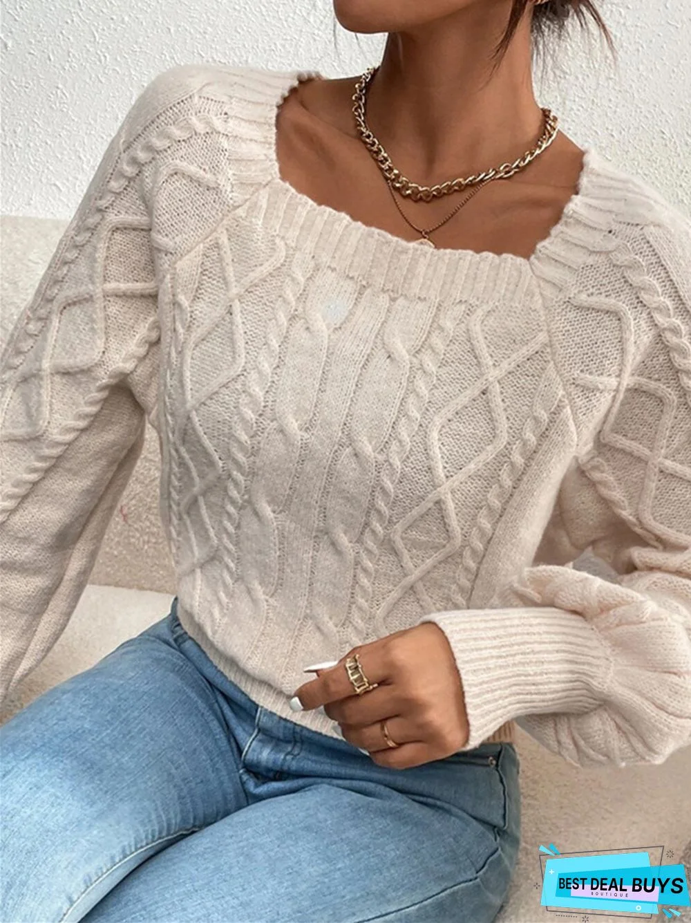 Solid Color Square Neck Fashion Loose Knit Sweater
