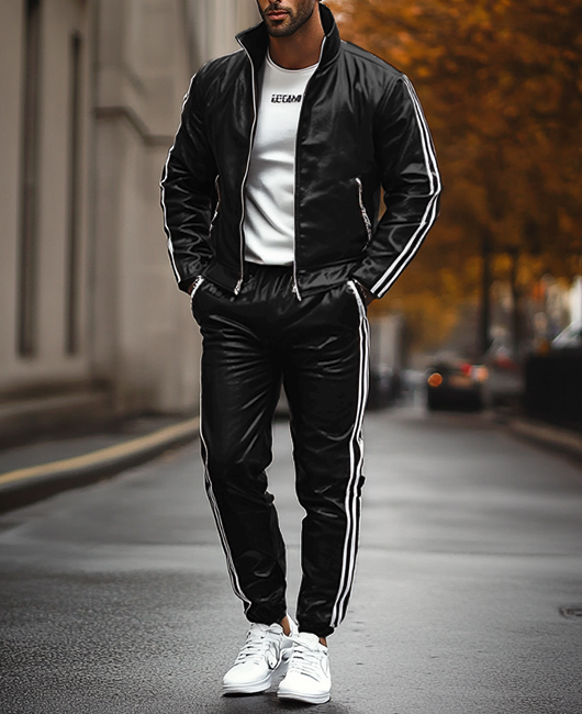 Okaywear Casual Leather Double Striped Zipper Jacket & Jogger Pants 2Pcs Set