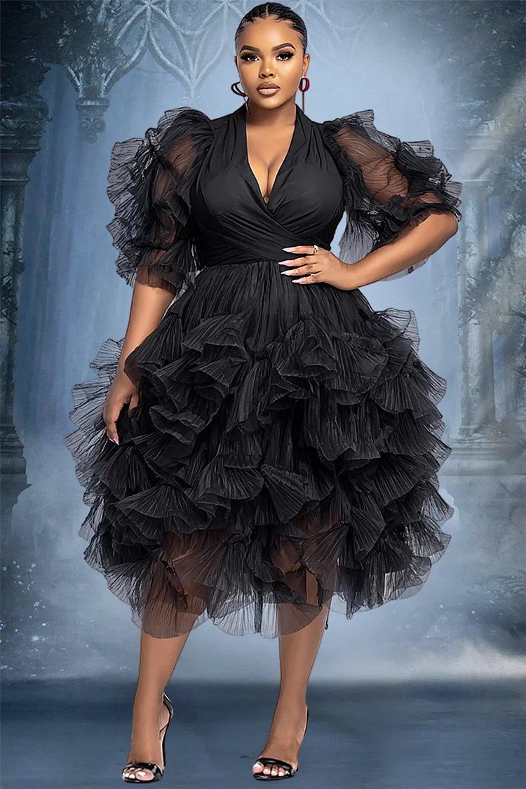 Xpluswear Design Plus Size Cocktail Party Black V Neck Puff Sleeve Short Sleeve Tiered Elegant Ruffle Tulle Midi Dresses [Pre-Order]