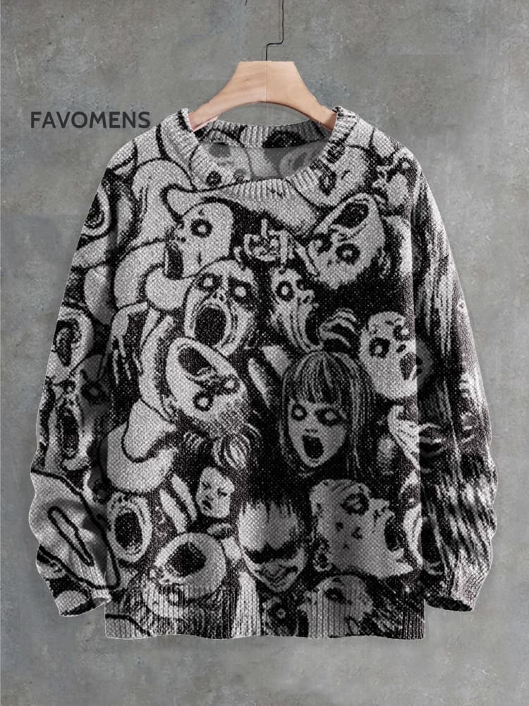 Dark Vintage Skull Monster Print Knit Sweater Multicolor / S