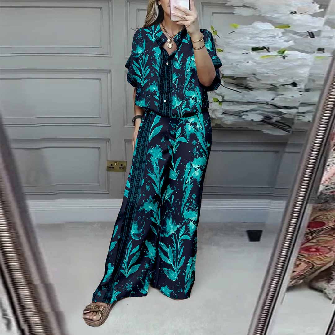 Women Plant, Fluorescent Green, Blue DZDL1125 V-neck Short Sleeve Blouse and Pants Set