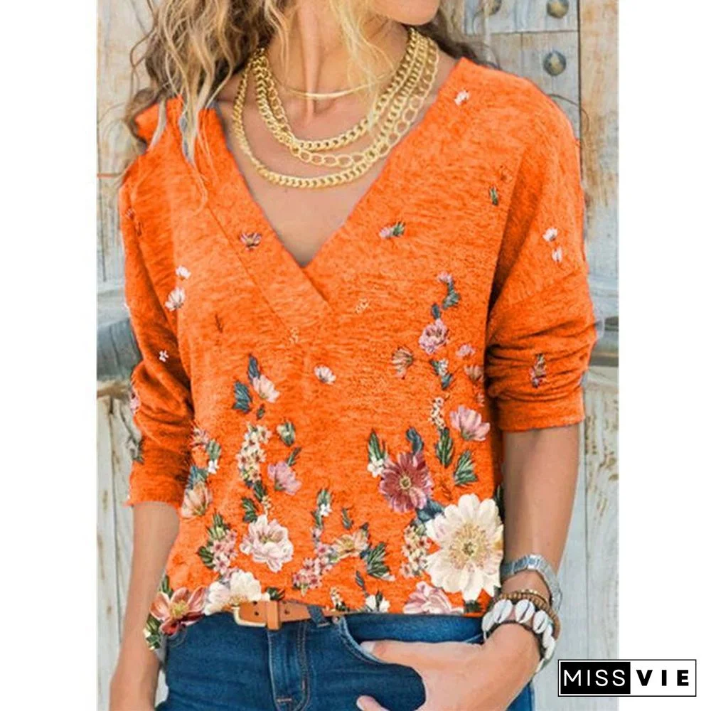 V-Neck Flower Printed Long-Sleeved Shirt