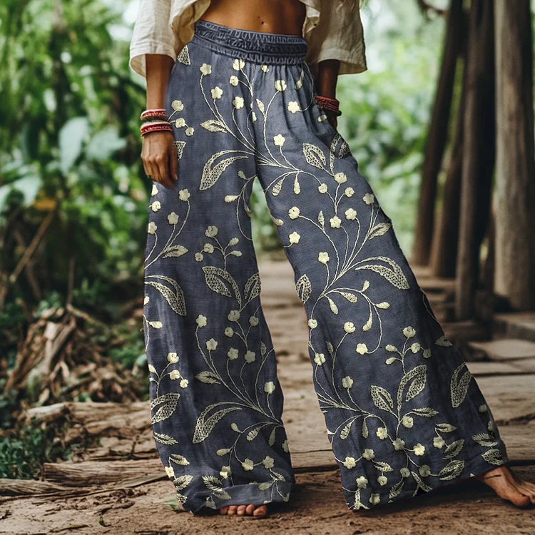 Vintage Floral Embroidery Print Loose Wide-leg Pants