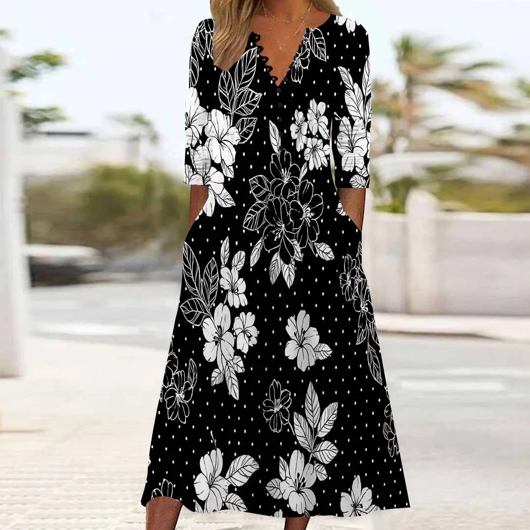 Women Floral,Black DZHB8242 Long Sleeve V-Neck Graphic Printed Midi Dress