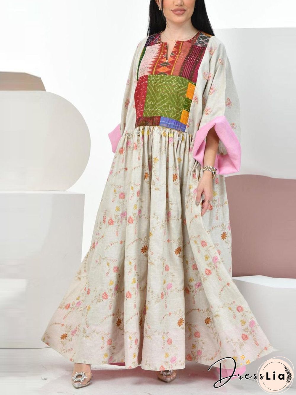 Color Block Loose Flower Pattern Dress