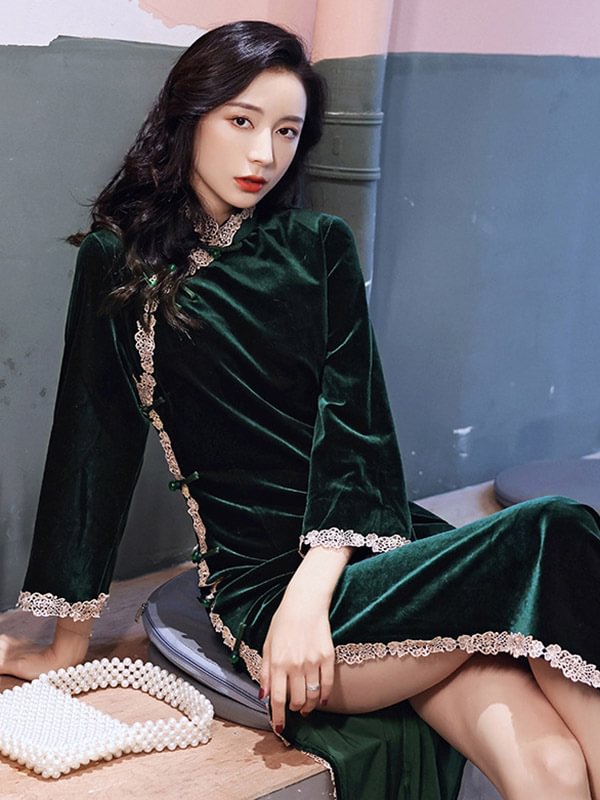 Velvet Applique Stand Collar Long Cheongsams