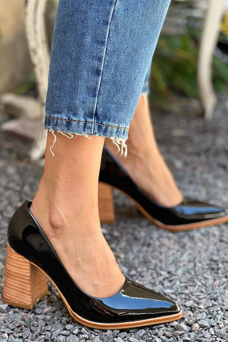 Patent Leather Pointed Toe Black Chunky Heels