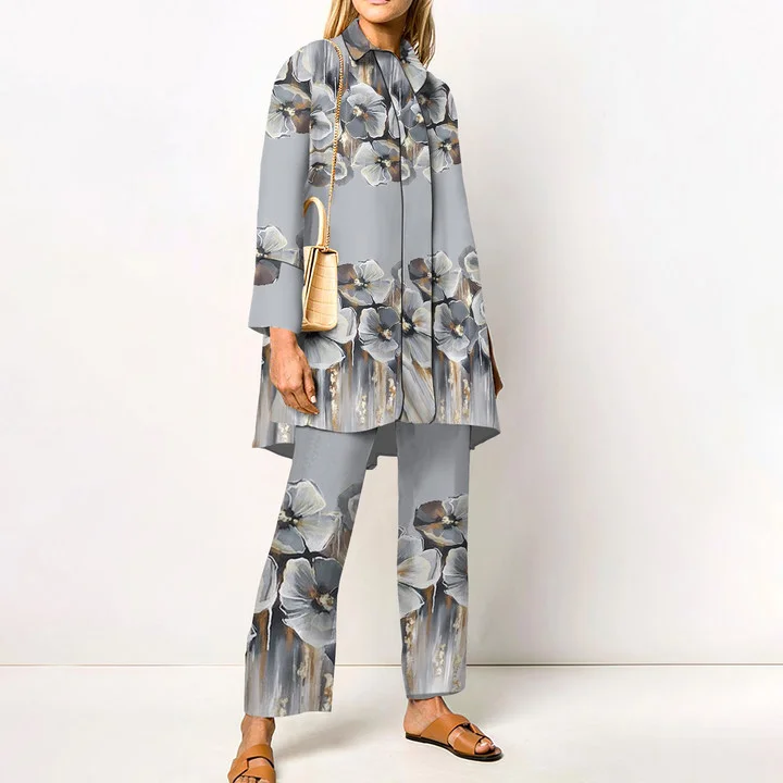 Stand Collar Oil Painting Flower Shirt Two Piece Set